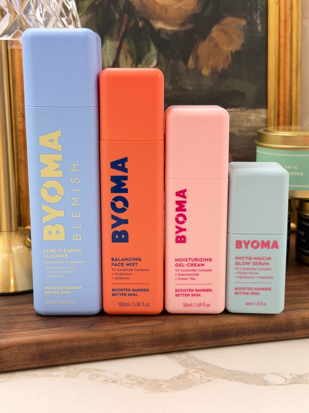 BYOMA Skincare Set (4 Pcs) - Blemish Cleanser, Face Mist, Gel-Cream & Glow Serum